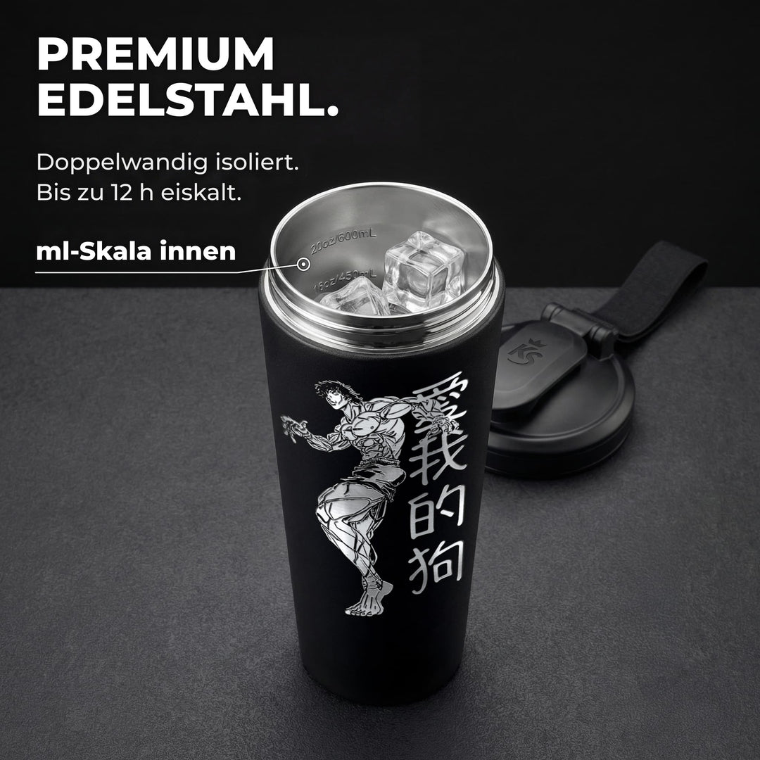 KING SHAKER® BAKI – schwarzer Edelstahl-Shaker mit Lasergravur, geöffnet mit ml-Skala