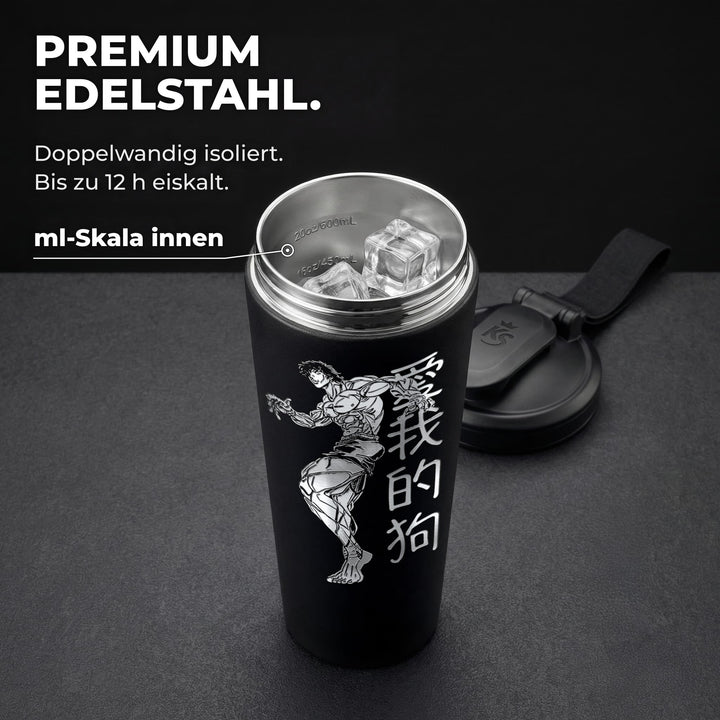 KING SHAKER® BAKI – schwarzer Edelstahl-Shaker mit Lasergravur, geöffnet mit ml-Skala