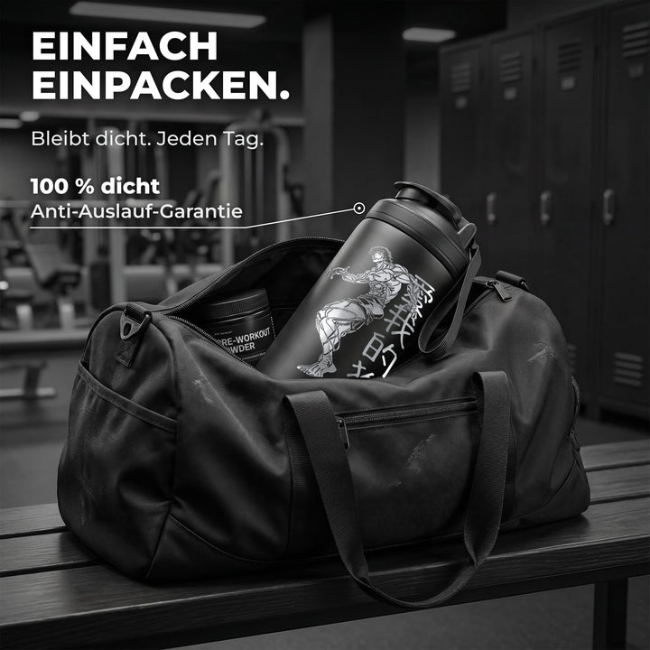 KING SHAKER® BAKI – schwarzer Edelstahl-Shaker mit Lasergravur, in der Sporttasche