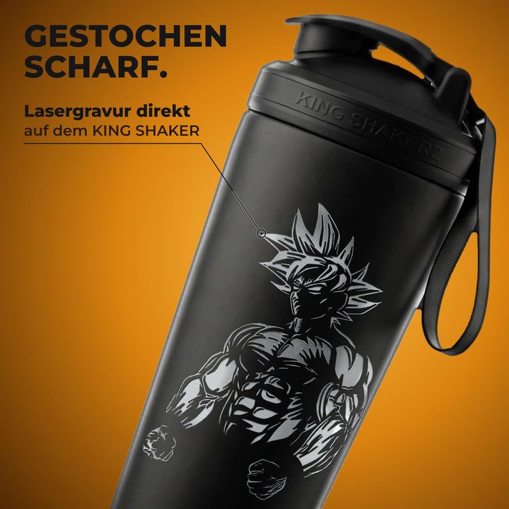 KING SHAKER® BULK – schwarzer Edelstahl-Shaker mit Lasergravur, Nahaufnahme der Gravur