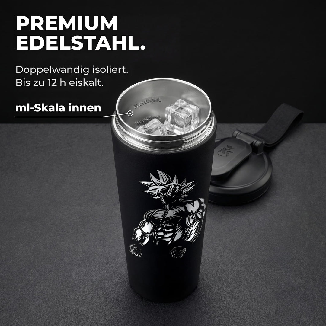 KING SHAKER® BULK – schwarzer Edelstahl-Shaker mit Lasergravur, geöffnet mit ml-Skala