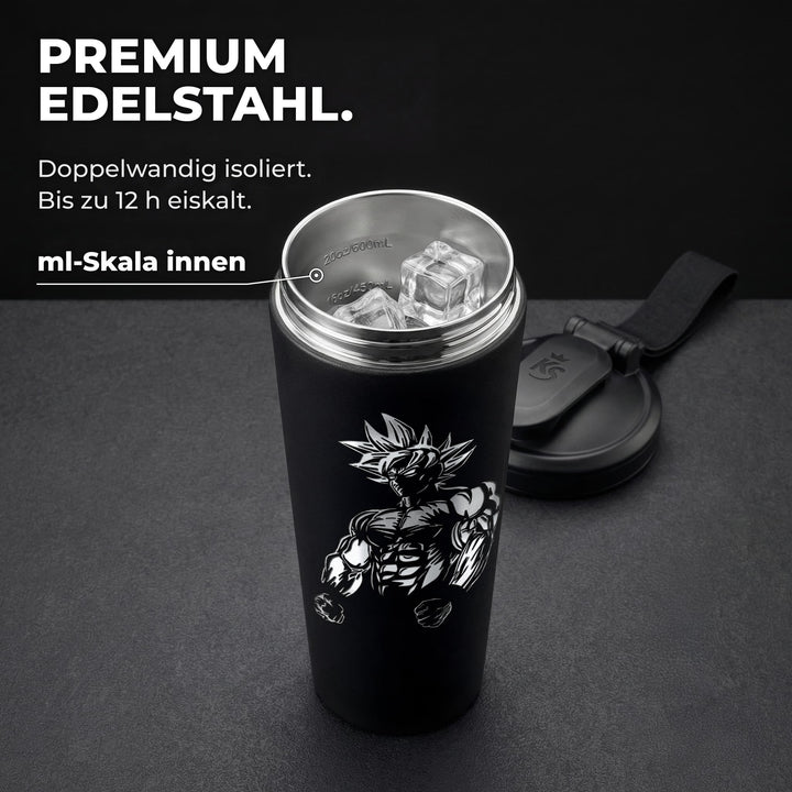 KING SHAKER® BULK – schwarzer Edelstahl-Shaker mit Lasergravur, geöffnet mit ml-Skala