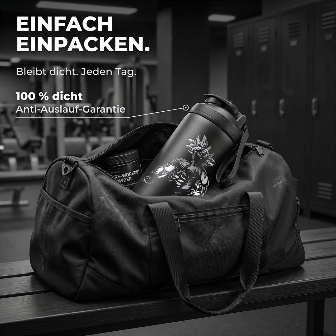 KING SHAKER® BULK – schwarzer Edelstahl-Shaker mit Lasergravur, in der Sporttasche