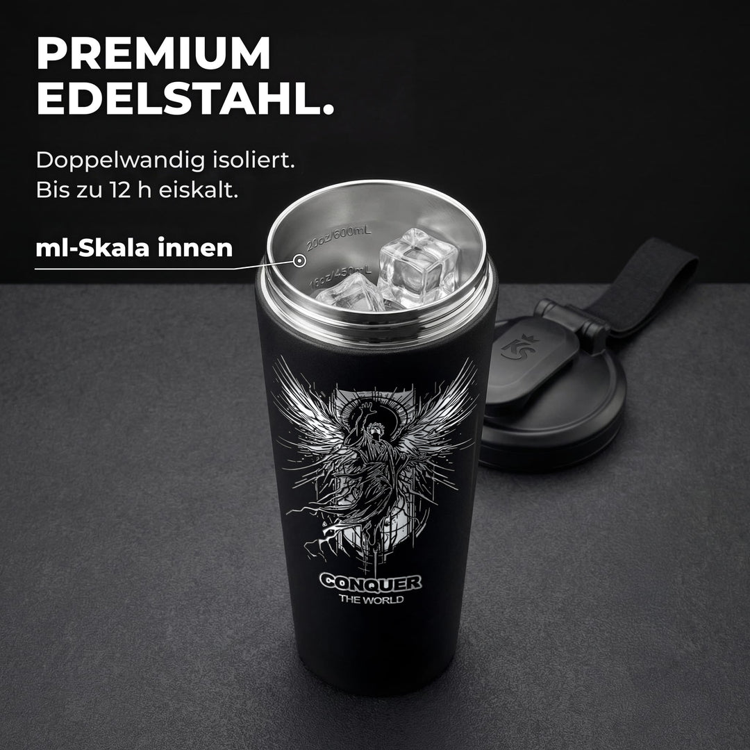 KING SHAKER® CONQUER THE WORLD – schwarzer Edelstahl-Shaker mit Lasergravur, geöffnet mit ml-Skala
