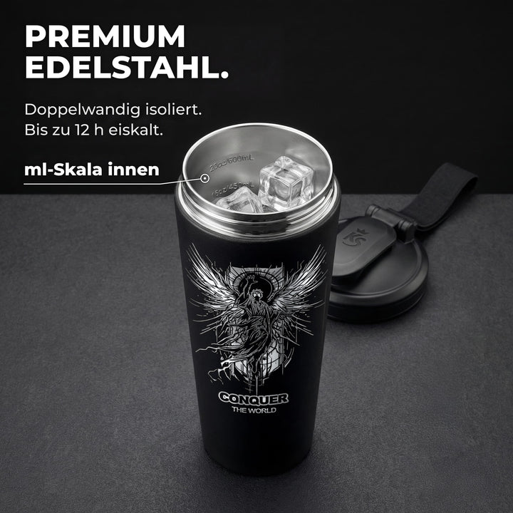 KING SHAKER® CONQUER THE WORLD – schwarzer Edelstahl-Shaker mit Lasergravur, geöffnet mit ml-Skala
