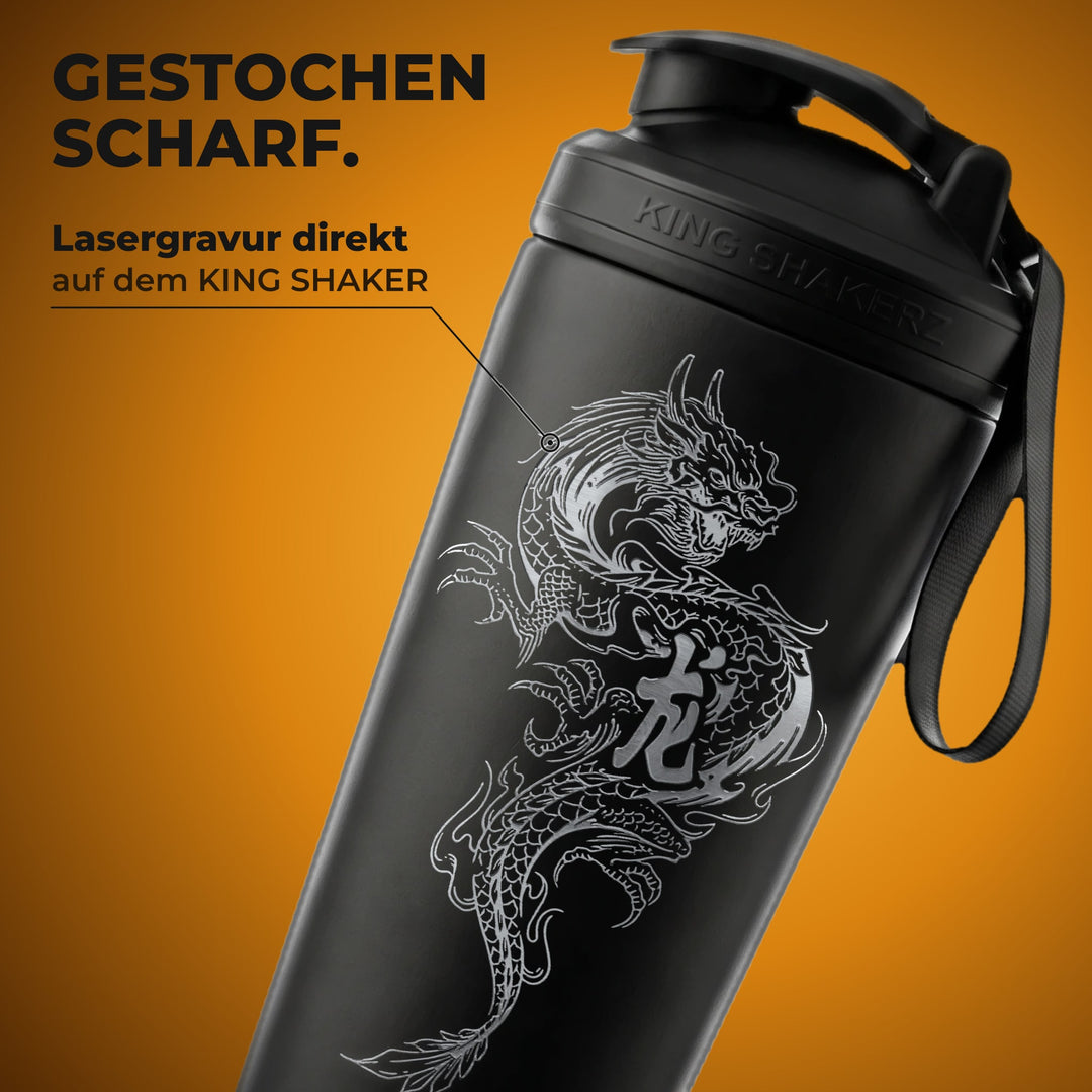 KING SHAKER® DRAGON – schwarzer Edelstahl-Shaker mit Lasergravur, Nahaufnahme der Gravur