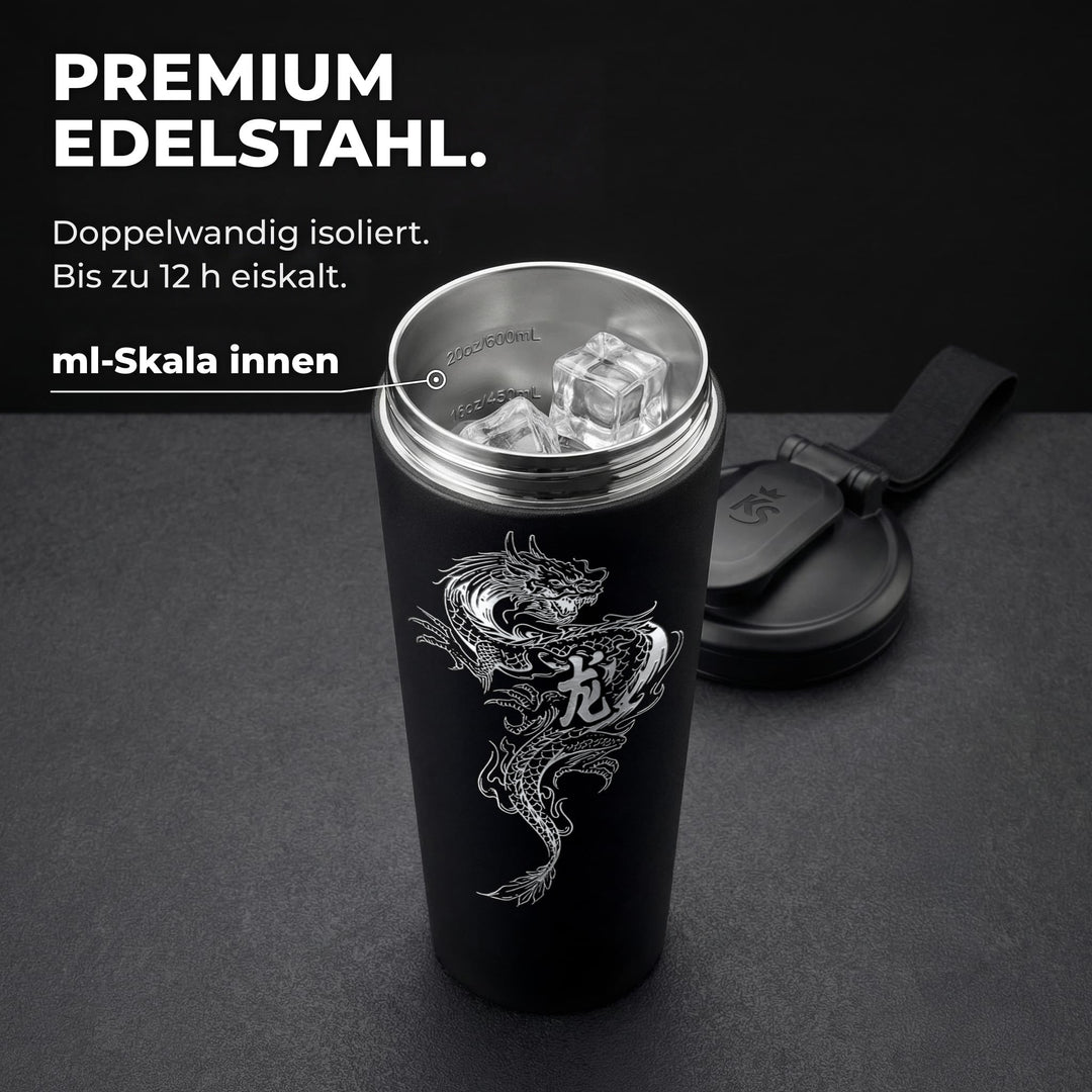 KING SHAKER® DRAGON – schwarzer Edelstahl-Shaker mit Lasergravur, geöffnet mit ml-Skala