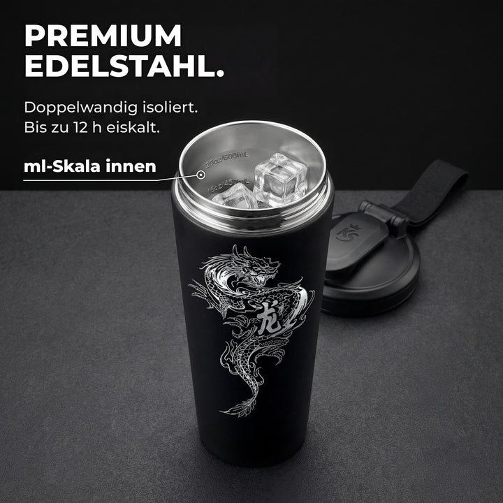 KING SHAKER® DRAGON – schwarzer Edelstahl-Shaker mit Lasergravur, geöffnet mit ml-Skala