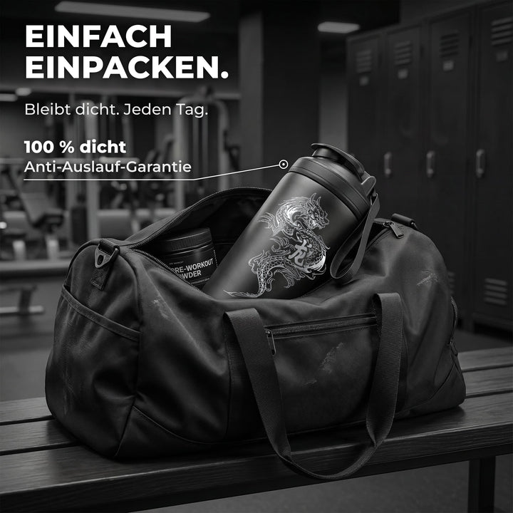 KING SHAKER® DRAGON – schwarzer Edelstahl-Shaker mit Lasergravur, in der Sporttasche