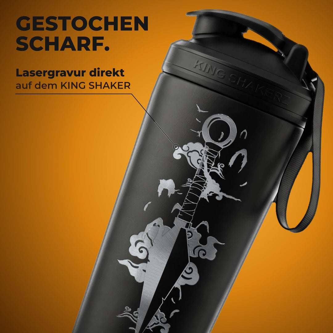 KING SHAKER® KNIFE – schwarzer Edelstahl-Shaker mit Lasergravur, Nahaufnahme der Gravur