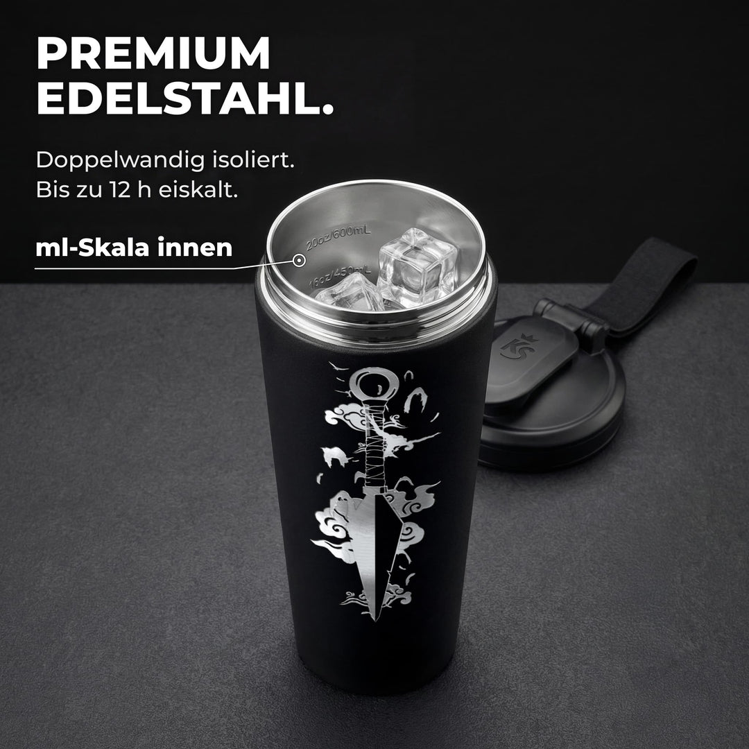 KING SHAKER® KNIFE – schwarzer Edelstahl-Shaker mit Lasergravur, geöffnet mit ml-Skala