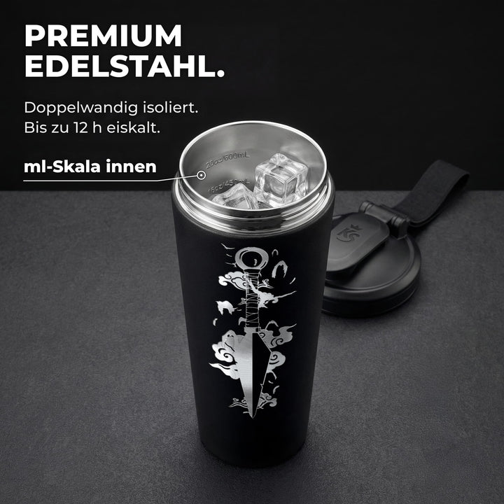 KING SHAKER® KNIFE – schwarzer Edelstahl-Shaker mit Lasergravur, geöffnet mit ml-Skala