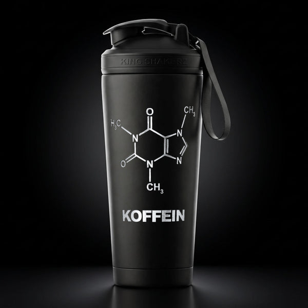 KING SHAKER® KOFFEIN – schwarzer Edelstahl-Shaker mit Lasergravur, Vorderansicht