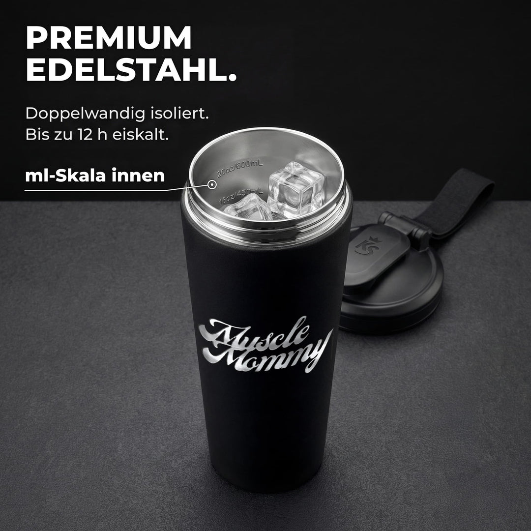 KING SHAKER® MUSCLE MOMMY – schwarzer Edelstahl-Shaker mit Lasergravur, geöffnet mit ml-Skala