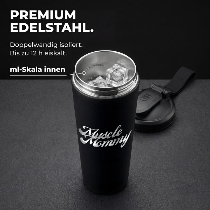 KING SHAKER® MUSCLE MOMMY – schwarzer Edelstahl-Shaker mit Lasergravur, geöffnet mit ml-Skala
