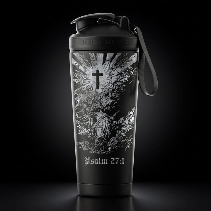 KING SHAKER® PSALM 27:1 – schwarzer Edelstahl-Shaker mit Lasergravur, Vorderansicht
