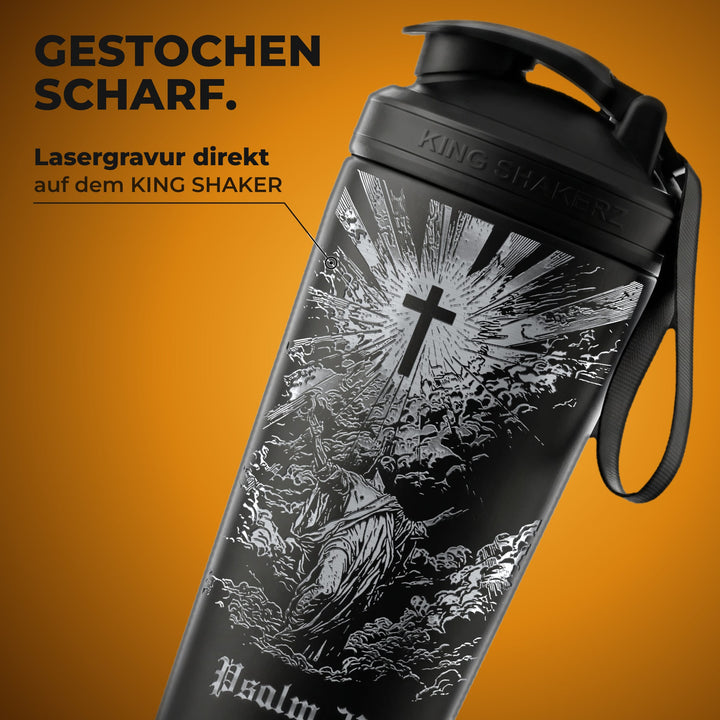 KING SHAKER® PSALM 27:1 – schwarzer Edelstahl-Shaker mit Lasergravur, Nahaufnahme der Gravur