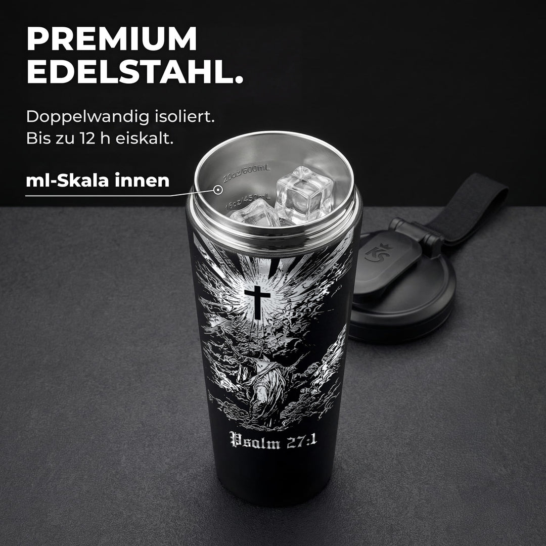 KING SHAKER® PSALM 27:1 – schwarzer Edelstahl-Shaker mit Lasergravur, geöffnet mit ml-Skala