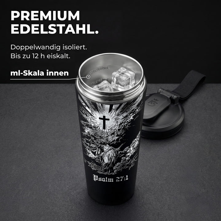 KING SHAKER® PSALM 27:1 – schwarzer Edelstahl-Shaker mit Lasergravur, geöffnet mit ml-Skala
