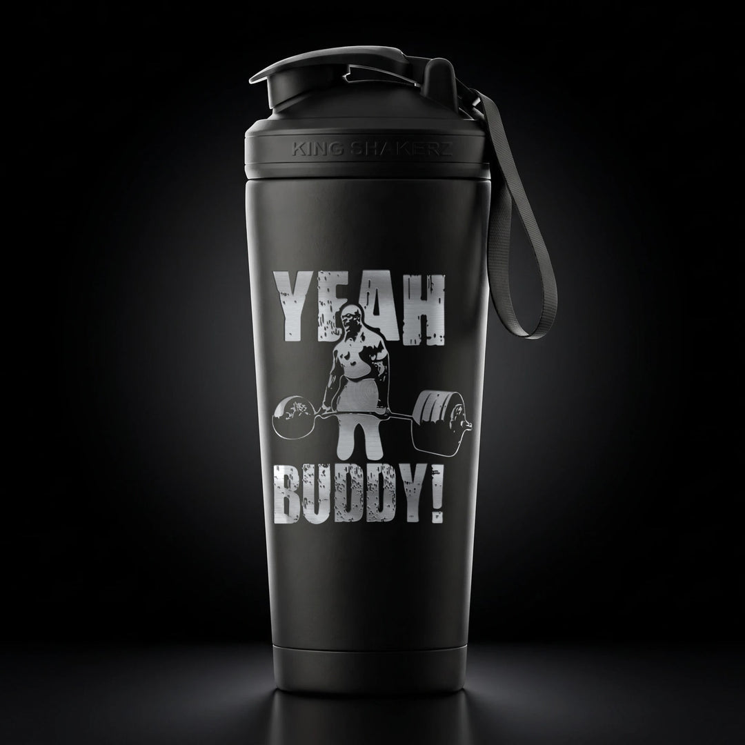 KING SHAKER® RONNIE COLEMAN – schwarzer Edelstahl-Shaker mit Lasergravur, Vorderansicht