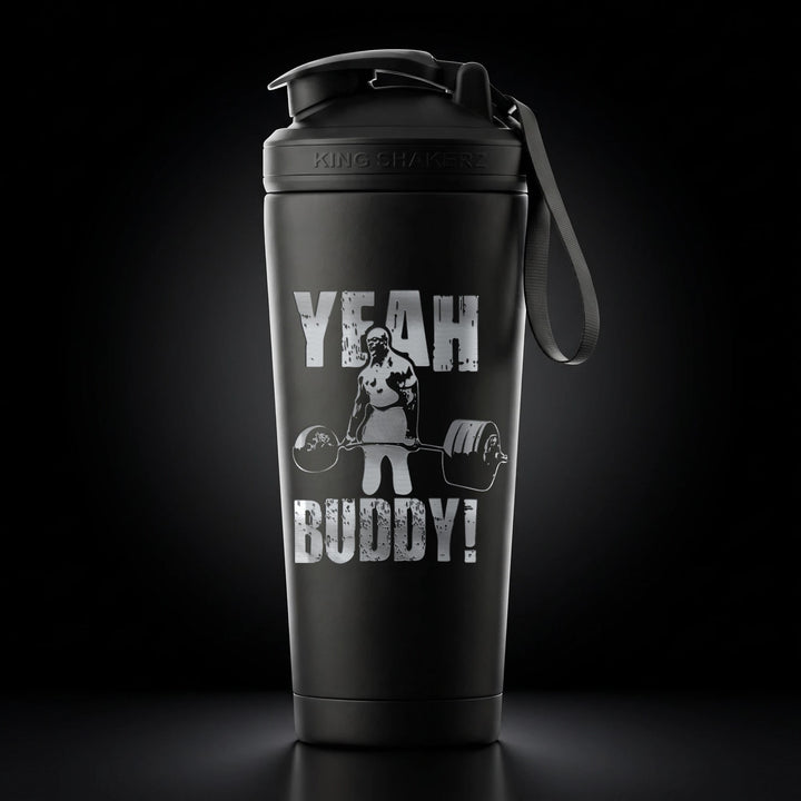 KING SHAKER® RONNIE COLEMAN – schwarzer Edelstahl-Shaker mit Lasergravur, Vorderansicht
