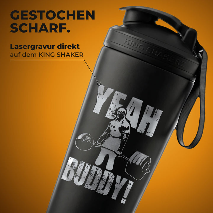 KING SHAKER® RONNIE COLEMAN – schwarzer Edelstahl-Shaker mit Lasergravur, Nahaufnahme der Gravur