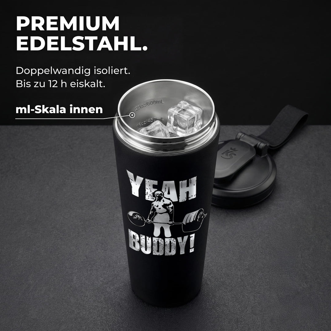 KING SHAKER® RONNIE COLEMAN – schwarzer Edelstahl-Shaker mit Lasergravur, geöffnet mit ml-Skala