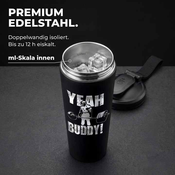 KING SHAKER® RONNIE COLEMAN – schwarzer Edelstahl-Shaker mit Lasergravur, geöffnet mit ml-Skala