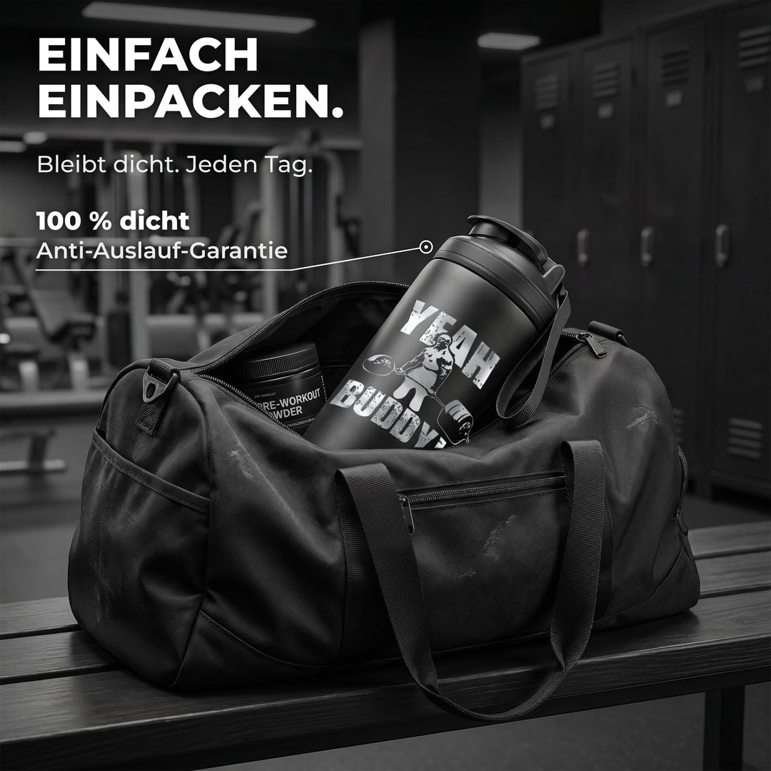 KING SHAKER® RONNIE COLEMAN – schwarzer Edelstahl-Shaker mit Lasergravur, in der Sporttasche