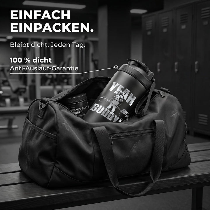 KING SHAKER® RONNIE COLEMAN – schwarzer Edelstahl-Shaker mit Lasergravur, in der Sporttasche