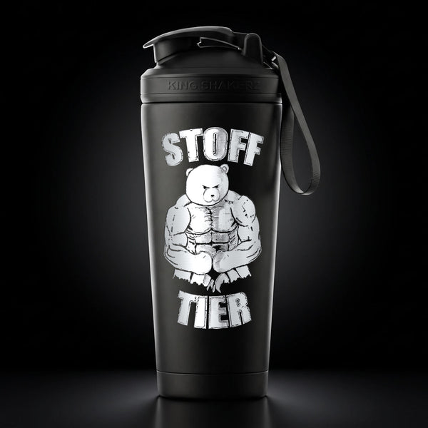 KING SHAKER® STOFF TIER – schwarzer Edelstahl-Shaker mit Lasergravur, Vorderansicht