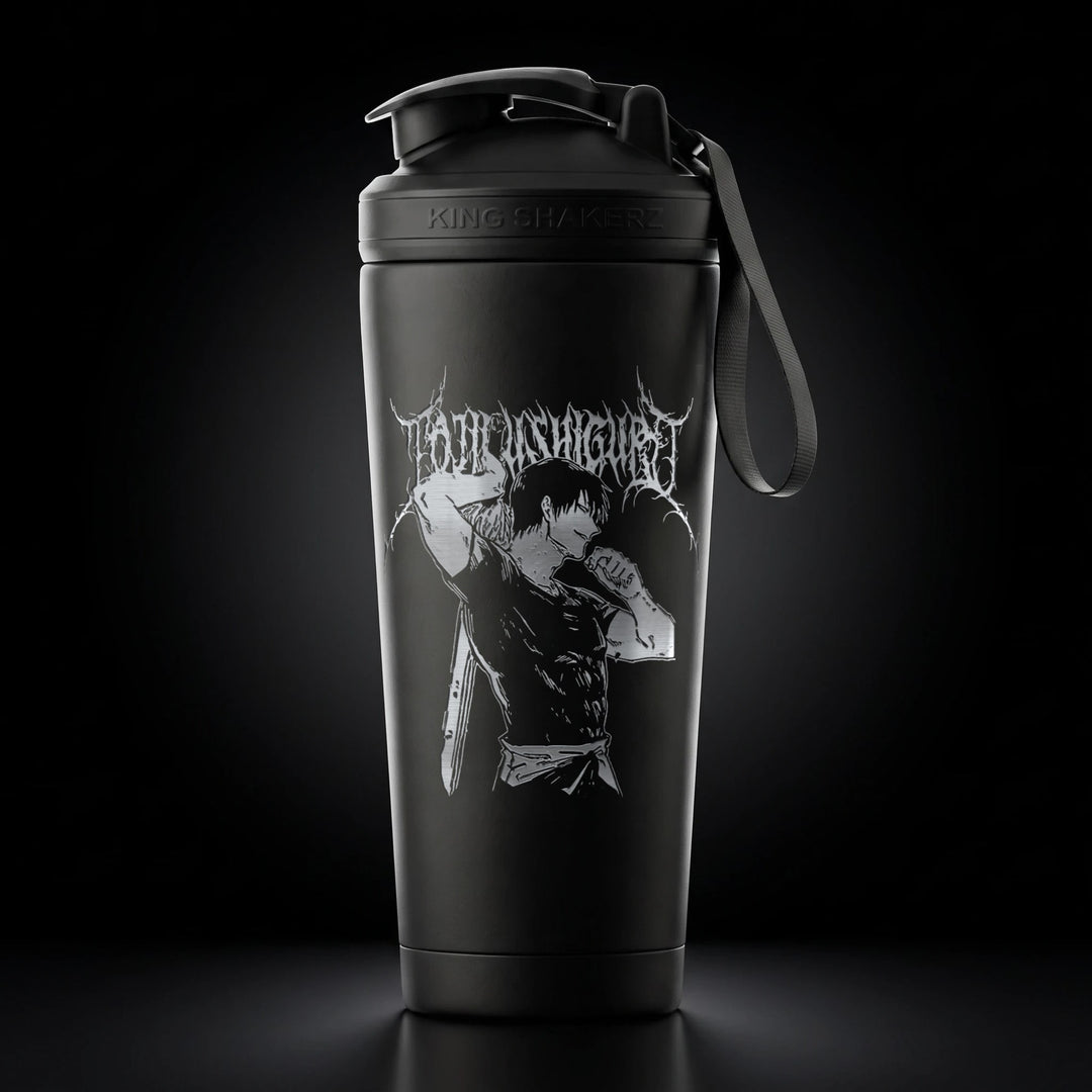 KING SHAKER® TF – schwarzer Edelstahl-Shaker mit Lasergravur, Vorderansicht