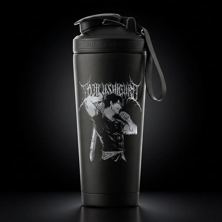 KING SHAKER® TF – schwarzer Edelstahl-Shaker mit Lasergravur, Vorderansicht
