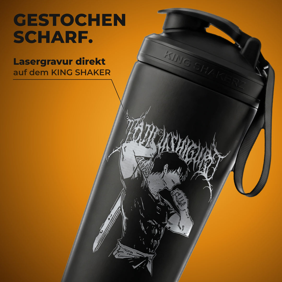 KING SHAKER® TF – schwarzer Edelstahl-Shaker mit Lasergravur, Nahaufnahme der Gravur