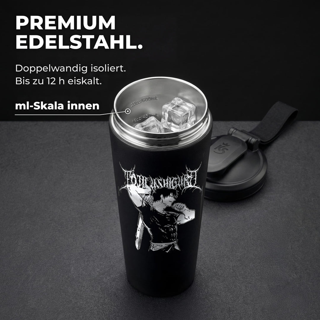 KING SHAKER® TF – schwarzer Edelstahl-Shaker mit Lasergravur, geöffnet mit ml-Skala