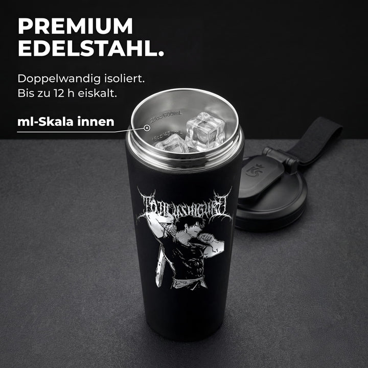 KING SHAKER® TF – schwarzer Edelstahl-Shaker mit Lasergravur, geöffnet mit ml-Skala