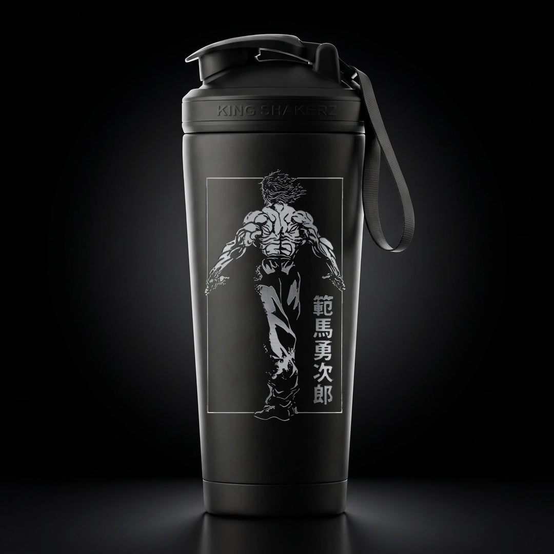 KING SHAKER® YUJIRO – schwarzer Edelstahl-Shaker mit Lasergravur, Vorderansicht