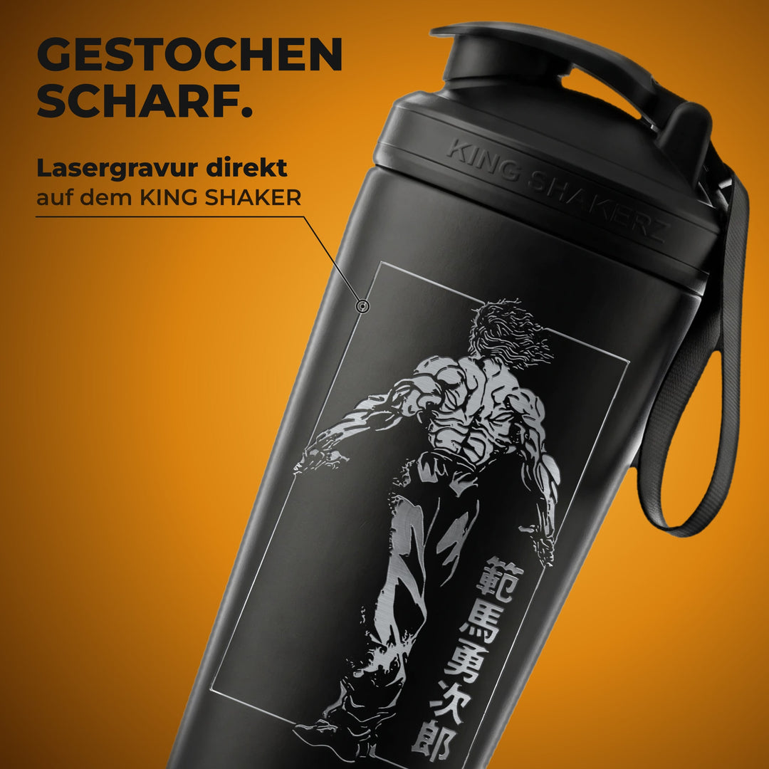 KING SHAKER® YUJIRO – schwarzer Edelstahl-Shaker mit Lasergravur, Nahaufnahme der Gravur