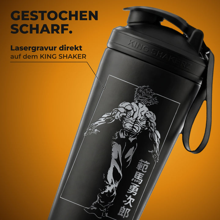 KING SHAKER® YUJIRO – schwarzer Edelstahl-Shaker mit Lasergravur, Nahaufnahme der Gravur