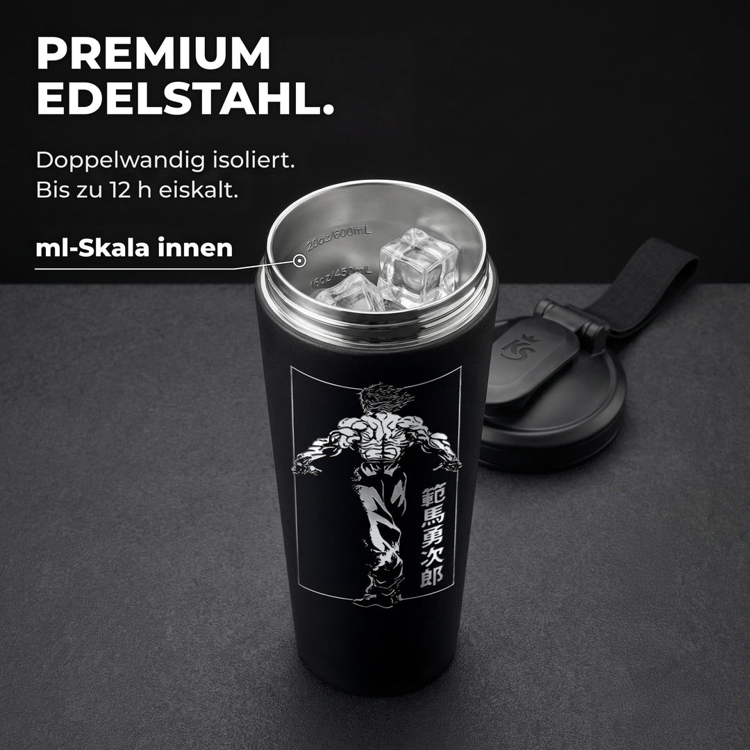 KING SHAKER® YUJIRO – schwarzer Edelstahl-Shaker mit Lasergravur, geöffnet mit ml-Skala