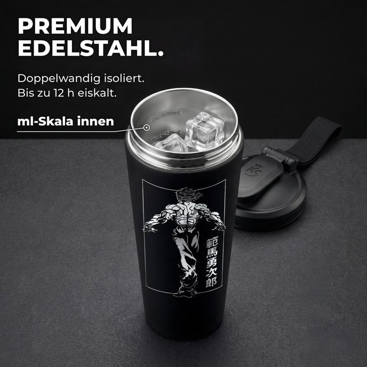 KING SHAKER® YUJIRO – schwarzer Edelstahl-Shaker mit Lasergravur, geöffnet mit ml-Skala