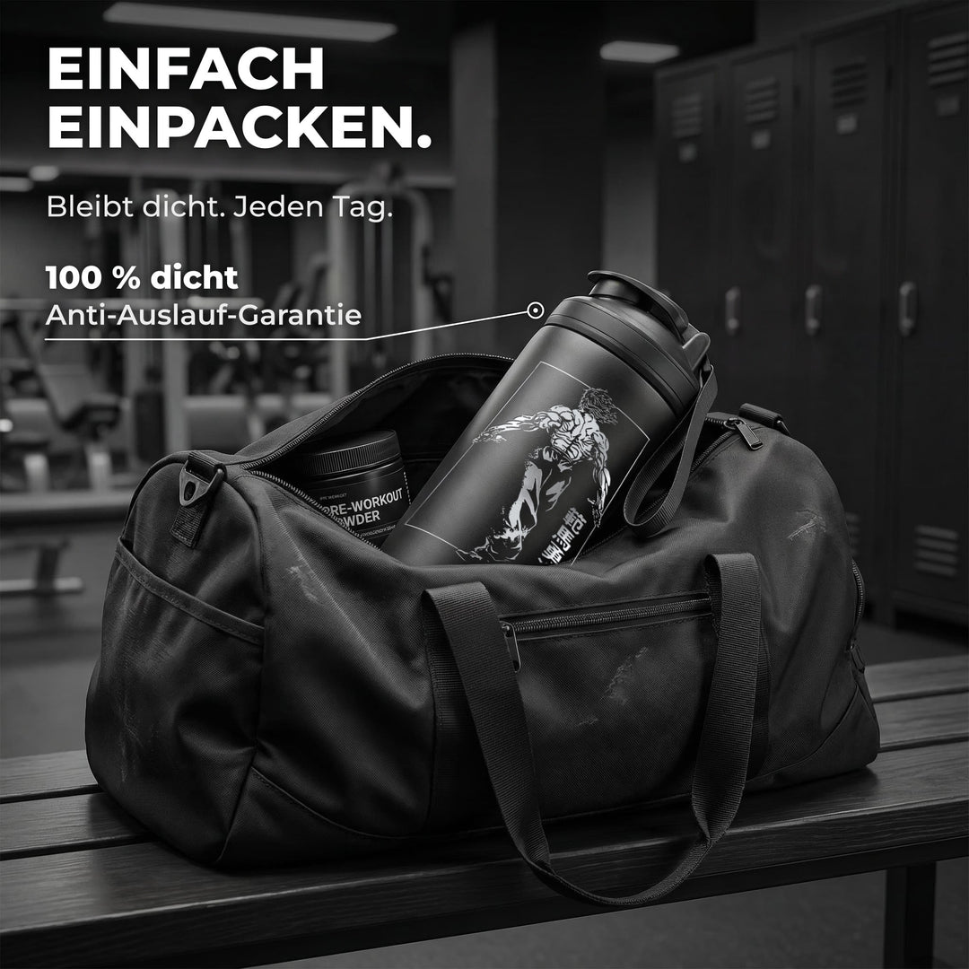KING SHAKER® YUJIRO – schwarzer Edelstahl-Shaker mit Lasergravur, in der Sporttasche