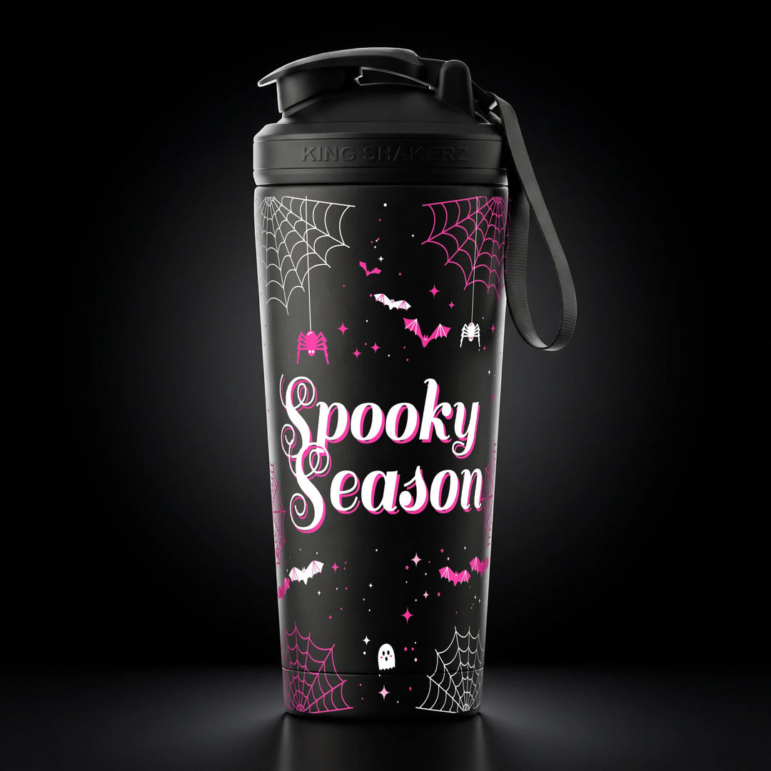 KING SHAKER® SPOOKY SEASON – schwarzer Edelstahl-Shaker mit Halloween-Farbdruck, Vorderansicht