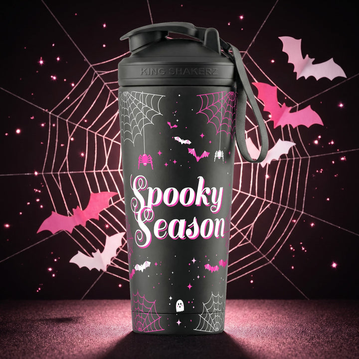 KING SHAKER® SPOOKY SEASON – schwarzer Edelstahl-Shaker mit Halloween-Farbdruck, Halloween-Szene