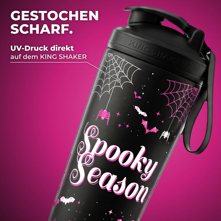 KING SHAKER® SPOOKY SEASON – schwarzer Edelstahl-Shaker mit Halloween-Farbdruck, Nahaufnahme des Drucks