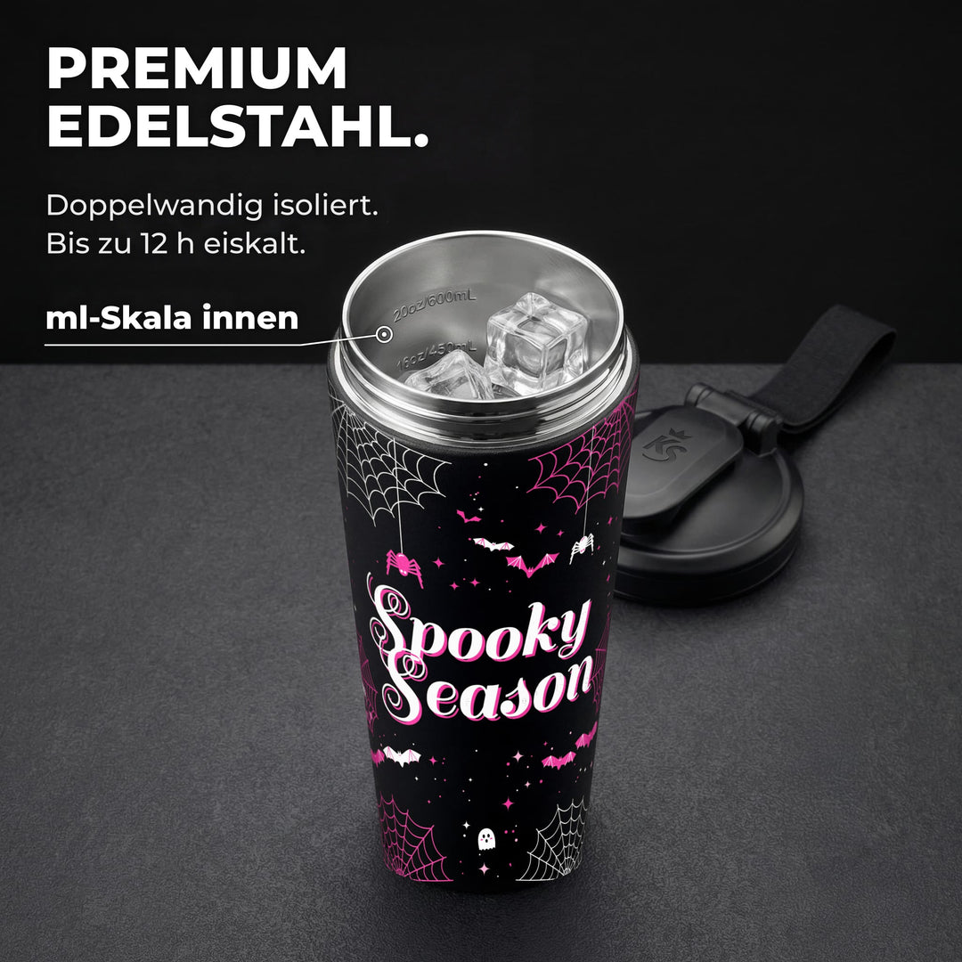 KING SHAKER® SPOOKY SEASON – schwarzer Edelstahl-Shaker mit Halloween-Farbdruck, geöffnet mit ml-Skala