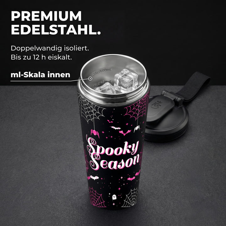 KING SHAKER® SPOOKY SEASON – schwarzer Edelstahl-Shaker mit Halloween-Farbdruck, geöffnet mit ml-Skala