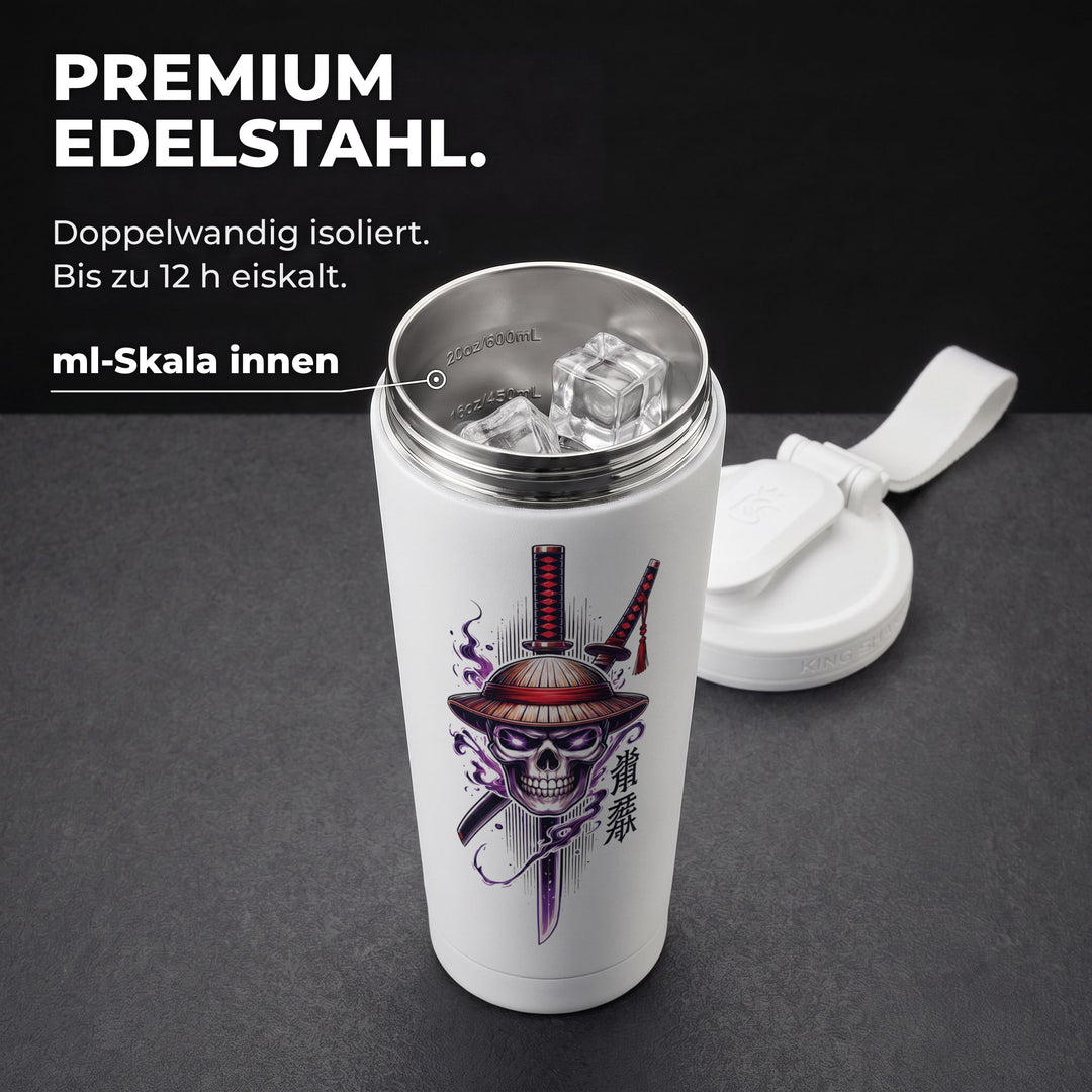 KING SHAKER® STRAWHAT AND SWORD – weißer Edelstahl-Shaker mit Farbdruck, geöffnet mit ml-Skala
