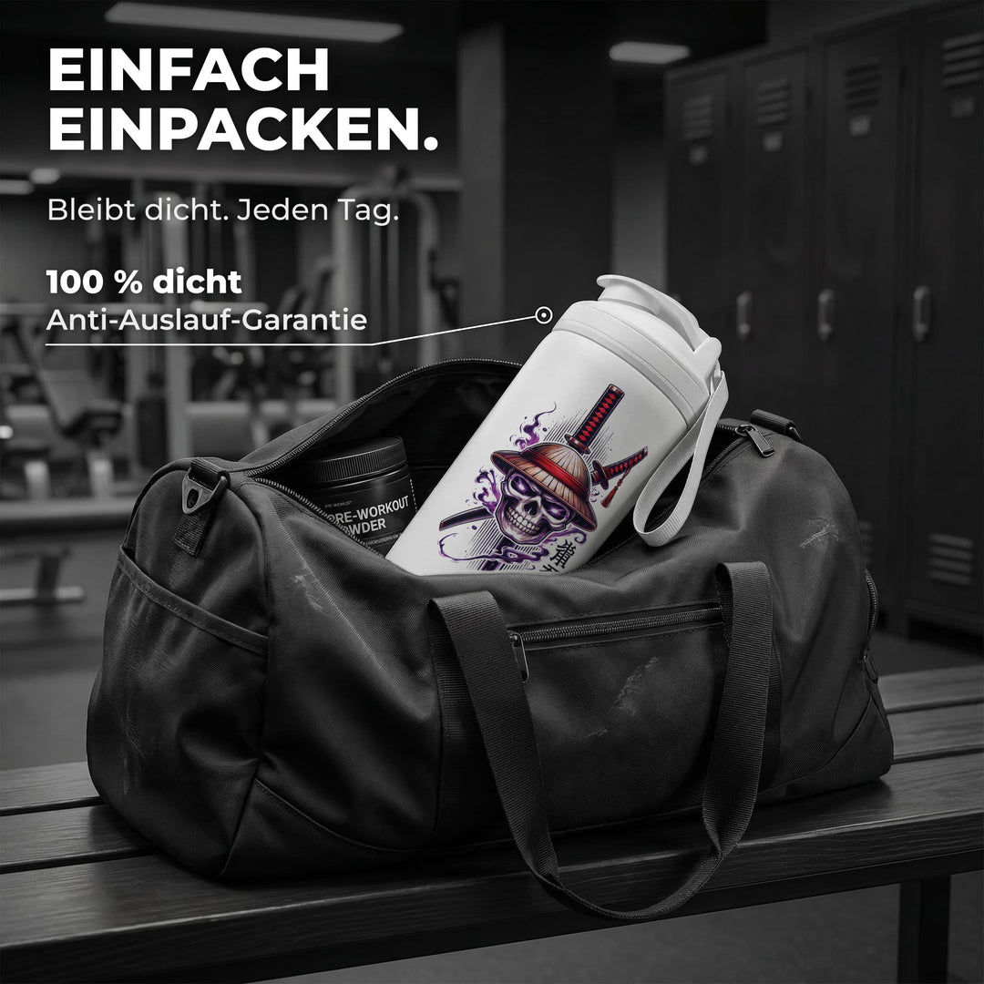 KING SHAKER® STRAWHAT AND SWORD – weißer Edelstahl-Shaker mit Farbdruck, in der Sporttasche