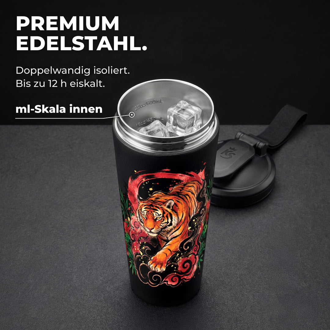 KING SHAKER® TORA – schwarzer Edelstahl-Shaker mit Farbdruck, geöffnet mit ml-Skala